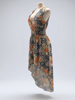 Floral Leopard Print Asymmetric Hem Dress in Orange and Black